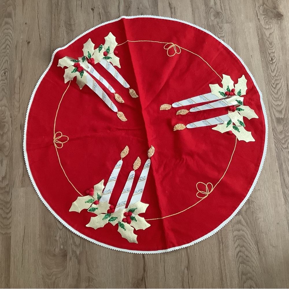 Vintage Festive Red Felt Candle Embroidered Table Cover or Tree Skirt